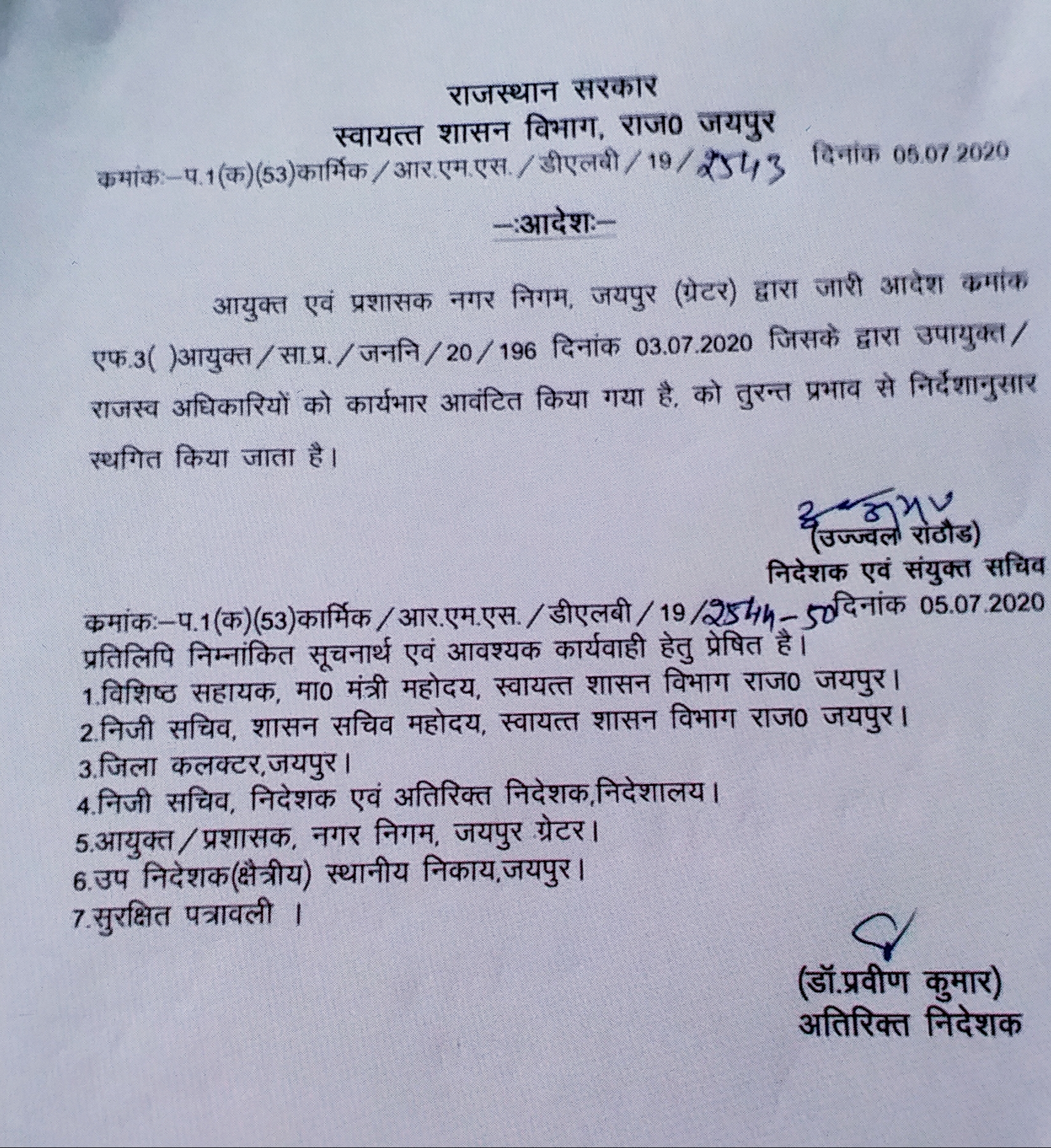 Order to make Deputy Commissioner postponed,  Self-governance unit,  Deputy Commissioner Post in Greater Municipal Corporation , तबादले पर रोक,  Stop transfer , जयपुर न्यूज,  राजस्थान न्यूज