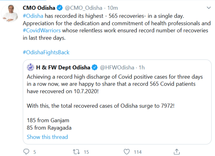 corona situation in odisha, corona update in odisha, corona recoveries in odisha, cm naveen pattnaik, cm's tweet, ଓଡିଶାରେ କୋରୋନା ସ୍ଥିତି, ଓଡିଶାରେ କୋରୋନା ଅପଡେଟ, ଓଡିଶାରେ କୋରୋନା ସୁସ୍ଥତା ହାର, ମୁଖ୍ୟମନ୍ତ୍ରୀ ନବୀନ ପଟ୍ଟନାୟକ, ମୁଖ୍ୟମନ୍ତ୍ରୀଙ୍କ ଟ୍ବିଟ