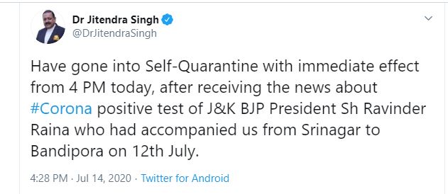 union-minister-jitendra-singh-self-quarantine-tweeted-in-his-post