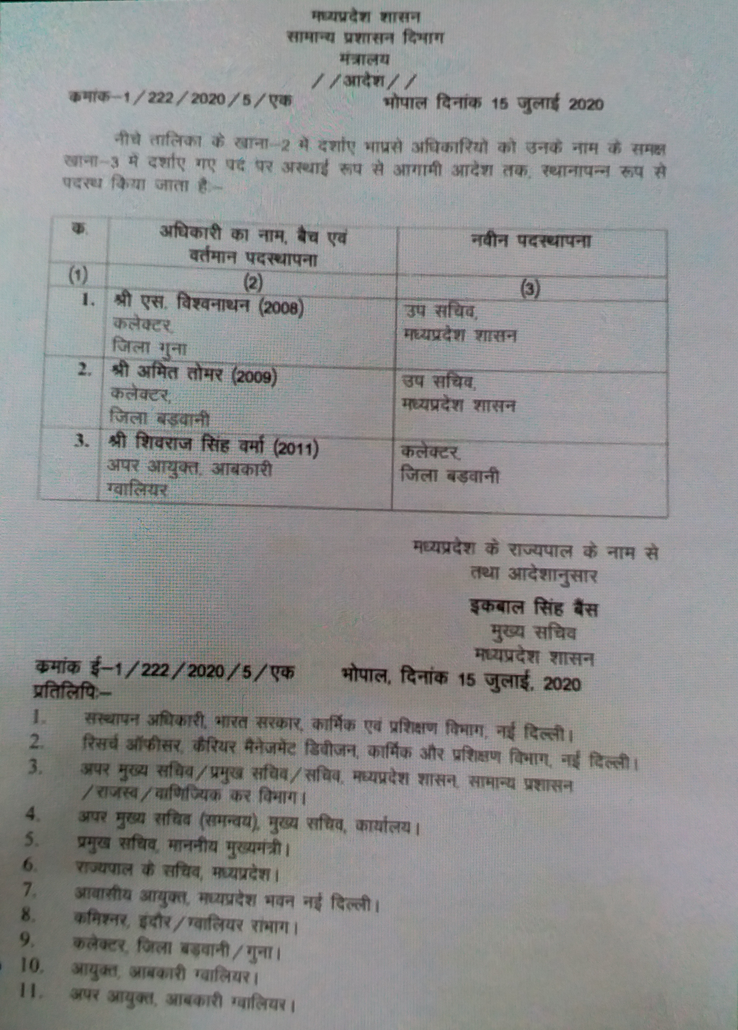 Barwani Collector Transfer Order