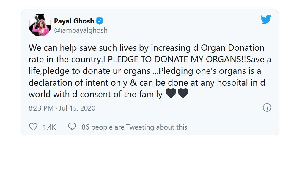 Payal Ghosh Pledges To Donate Her Organs