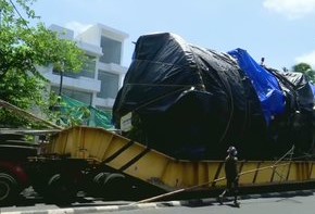 A truck, carrying an aerospace horizontal autoclave for delivery to Vikram Sarabhai Space Centre in Thiruvananthapuram