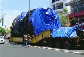 A truck, carrying an aerospace horizontal autoclave for delivery to Vikram Sarabhai Space Centre in Thiruvananthapuram