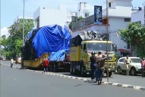 A truck, carrying an aerospace horizontal autoclave for delivery to Vikram Sarabhai Space Centre in Thiruvananthapuram