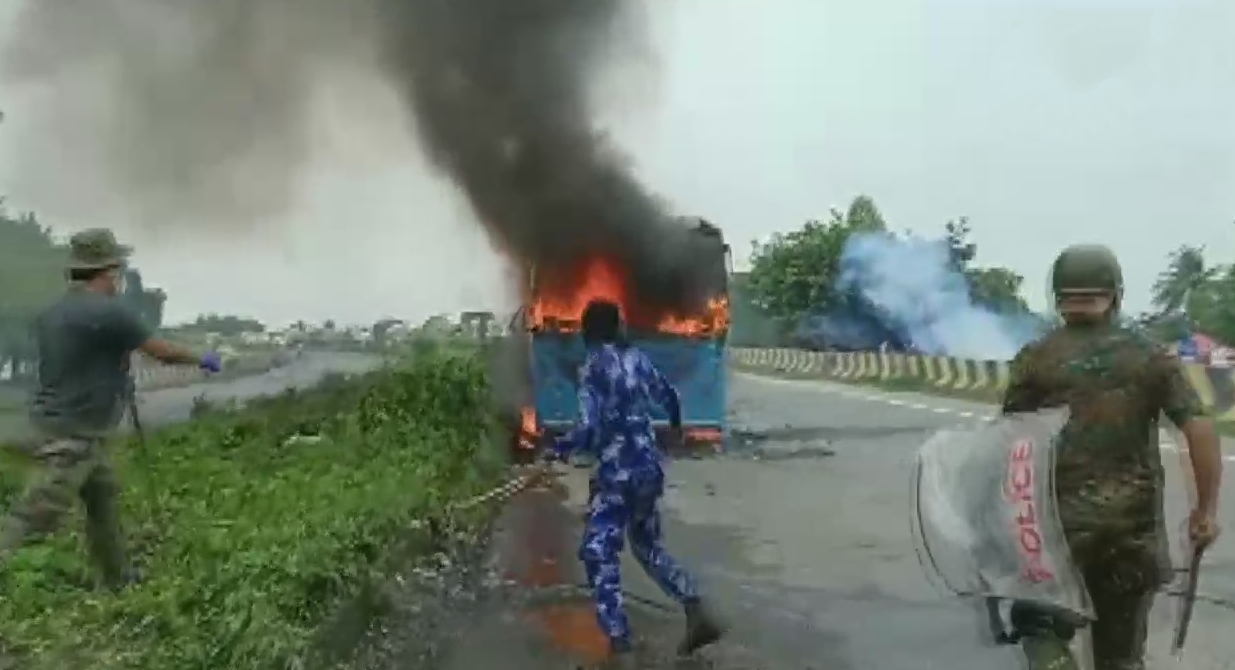 Clash breaks out between security personnel and locals, during the protest against an alleged gang-rape