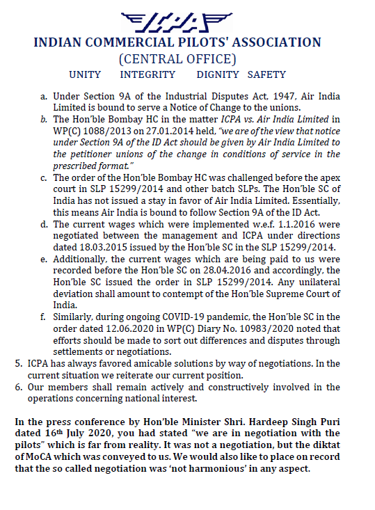 Indian Commercial Pilots' Assoc. writes to Air India CMD