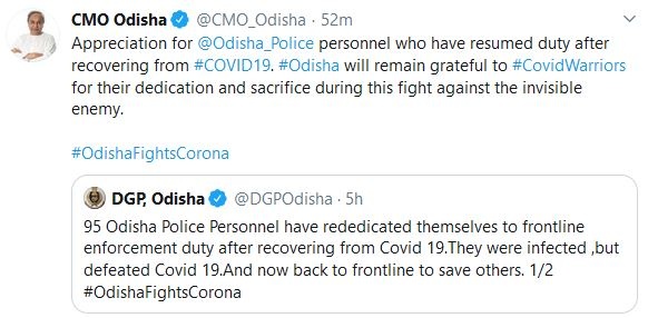 95 Odisha Police Personnel have rededicated themselves to frontline enforcement duty after recovering from Covid 19