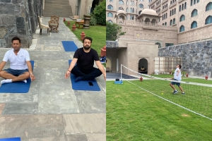 Congress MLAs perform yoga and play badminton at Hotel Fairmont in Jaipur.