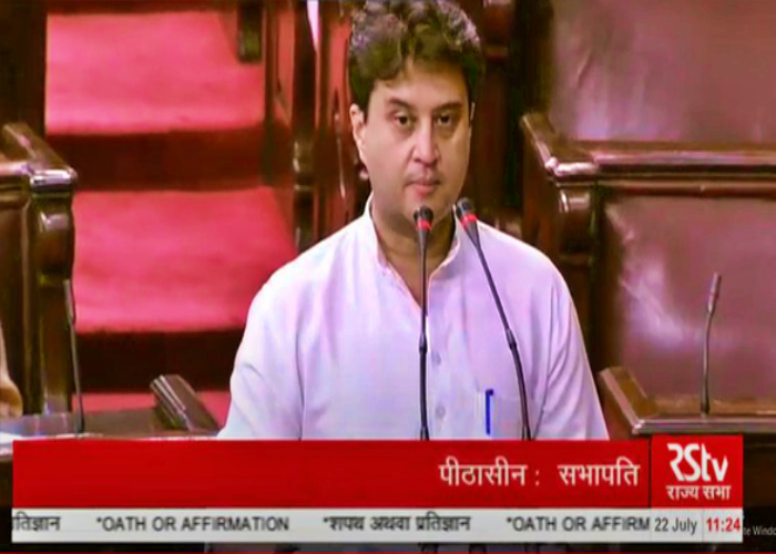 Jyotiraditya M Scindia takes oath as Rajya Sabha member from Madhya Pradesh