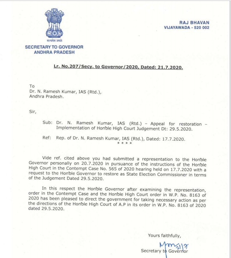 Governor's letter to Ramesh Kumar