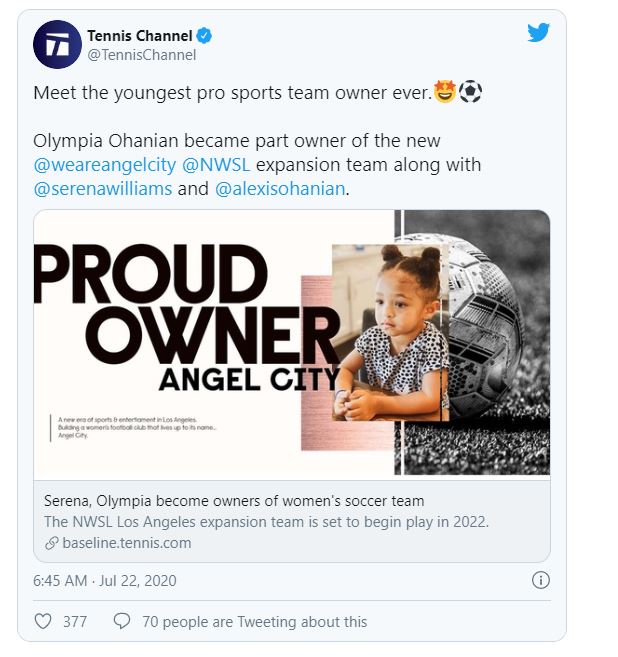 Serena Williams' daughter Olympia becomes youngest pro sports team owner