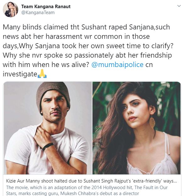 Kangana calls out Sanjana for not speaking up when blind items were assassinating Sushant's character