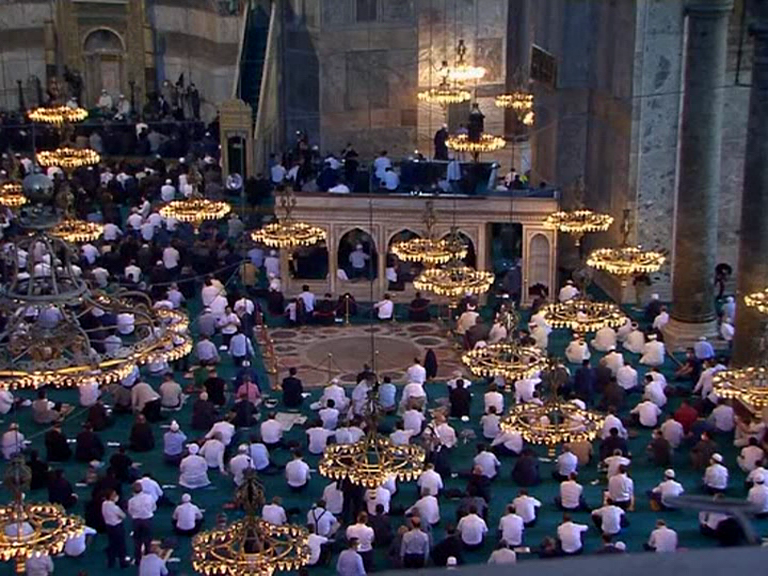 Thousands of Muslim faithful made their way to Istanbul's landmark Hagia Sophia on Friday