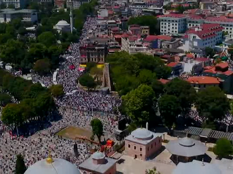 Thousands of Muslim faithful made their way to Istanbul's landmark Hagia Sophia on Friday