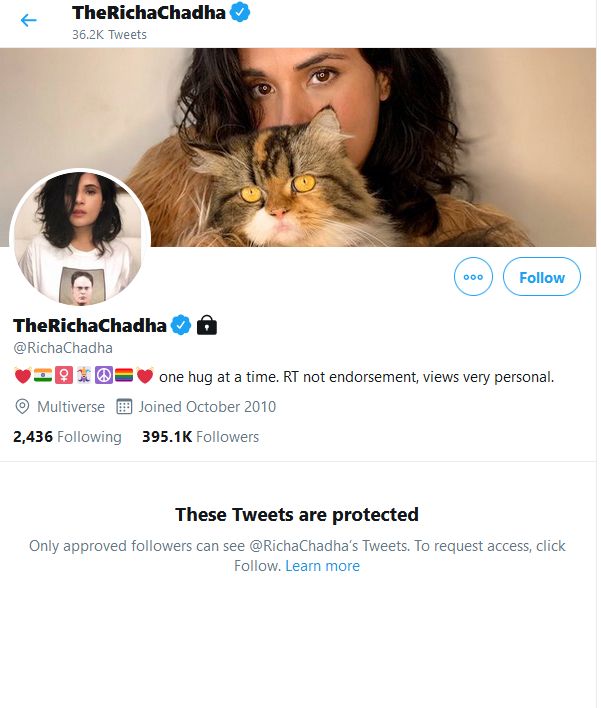 Richa chadha makes her Twitter account private