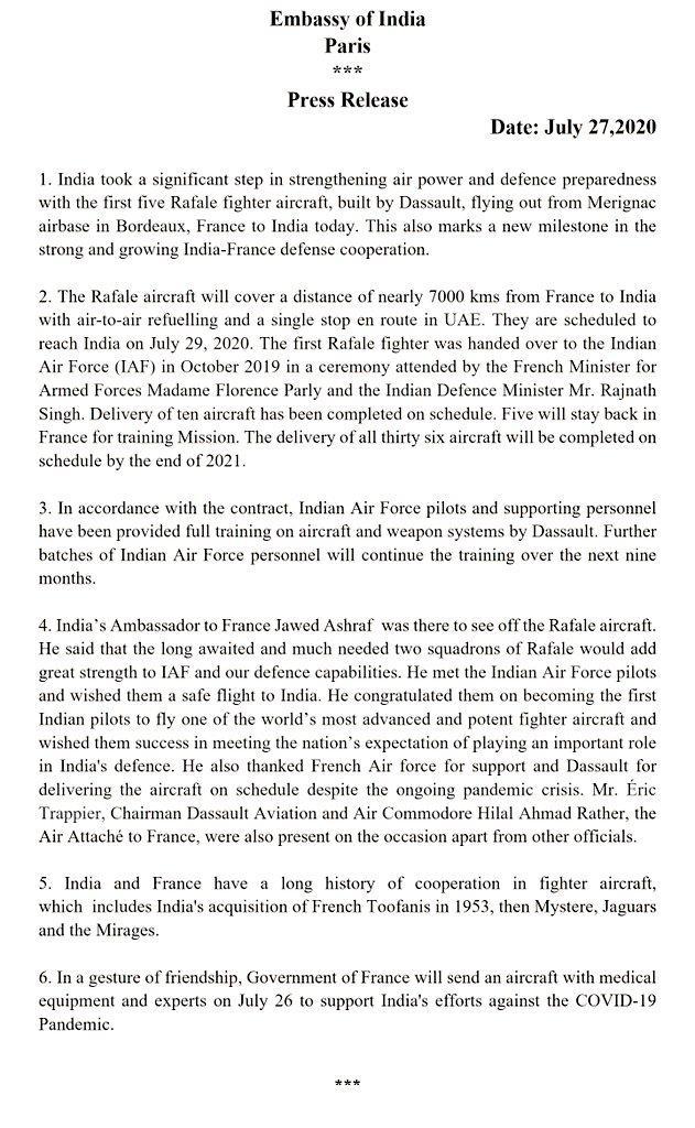 Press Release issued by Embassy of India in Paris