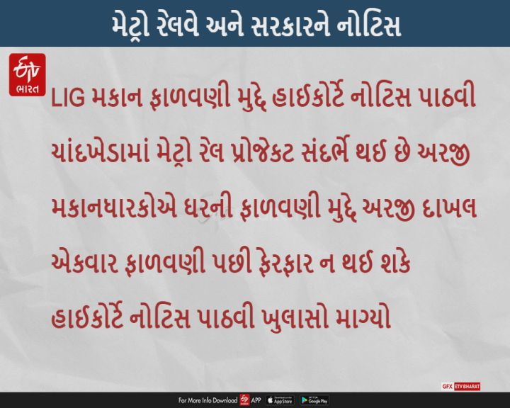 LIG મકાનોની ફાળવણી મુદ્દે હાઈકોર્ટે મેટ્રો રેલવે અને સરકારને નોટિસ પાઠવી