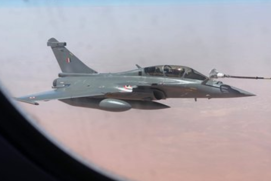 Rafale fighter jets being refuelled mid-air on their way to Ambala from France.