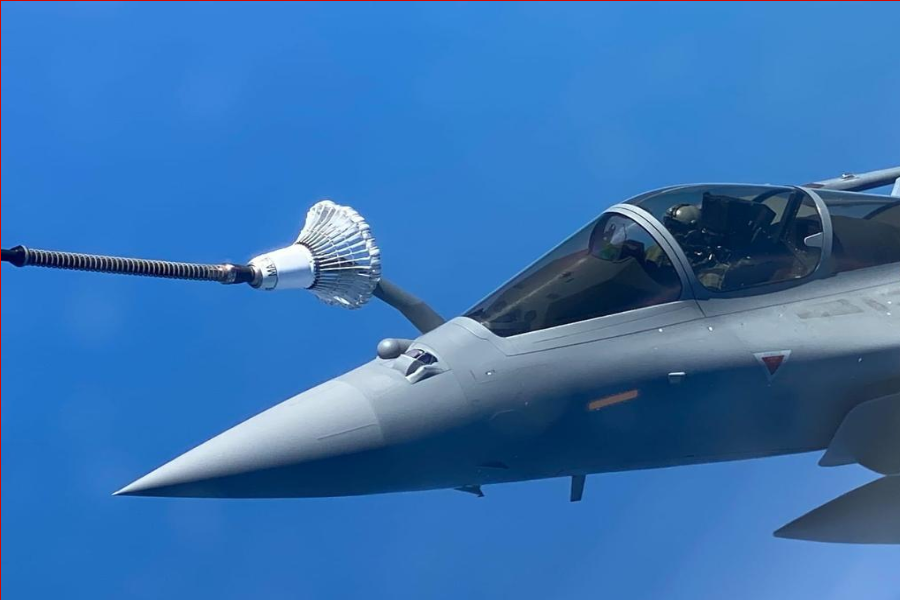 Rafale fighter jets being refuelled mid-air on their way to Ambala from France.