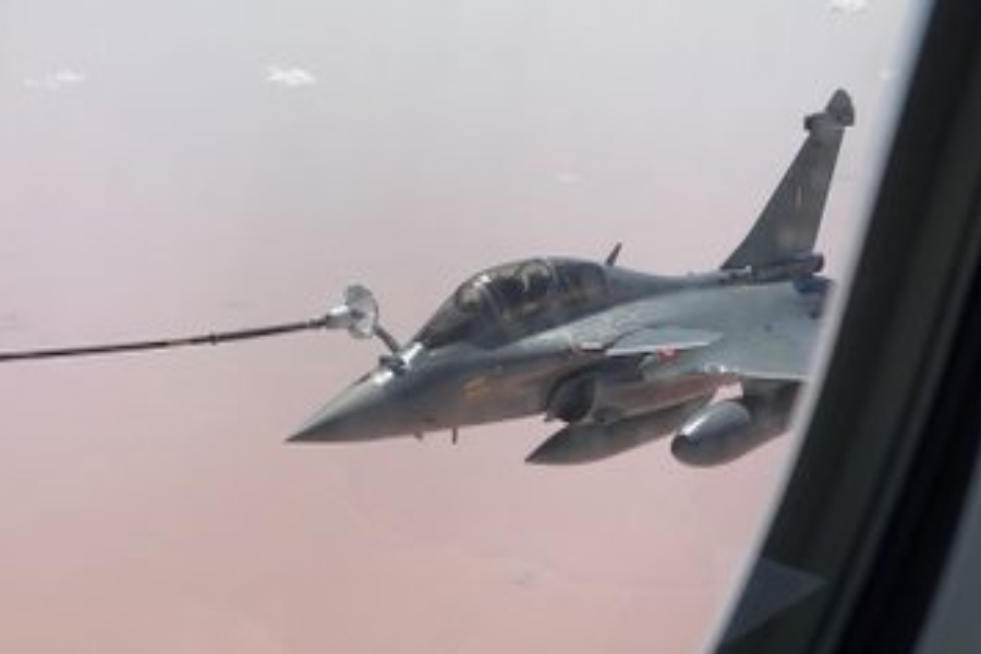 Rafale fighter jets being refuelled mid-air on their way to Ambala from France.