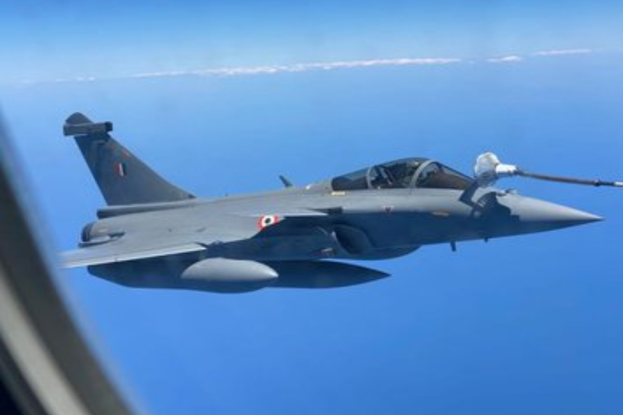 Rafale fighter jets being refuelled mid-air on their way to Ambala from France.