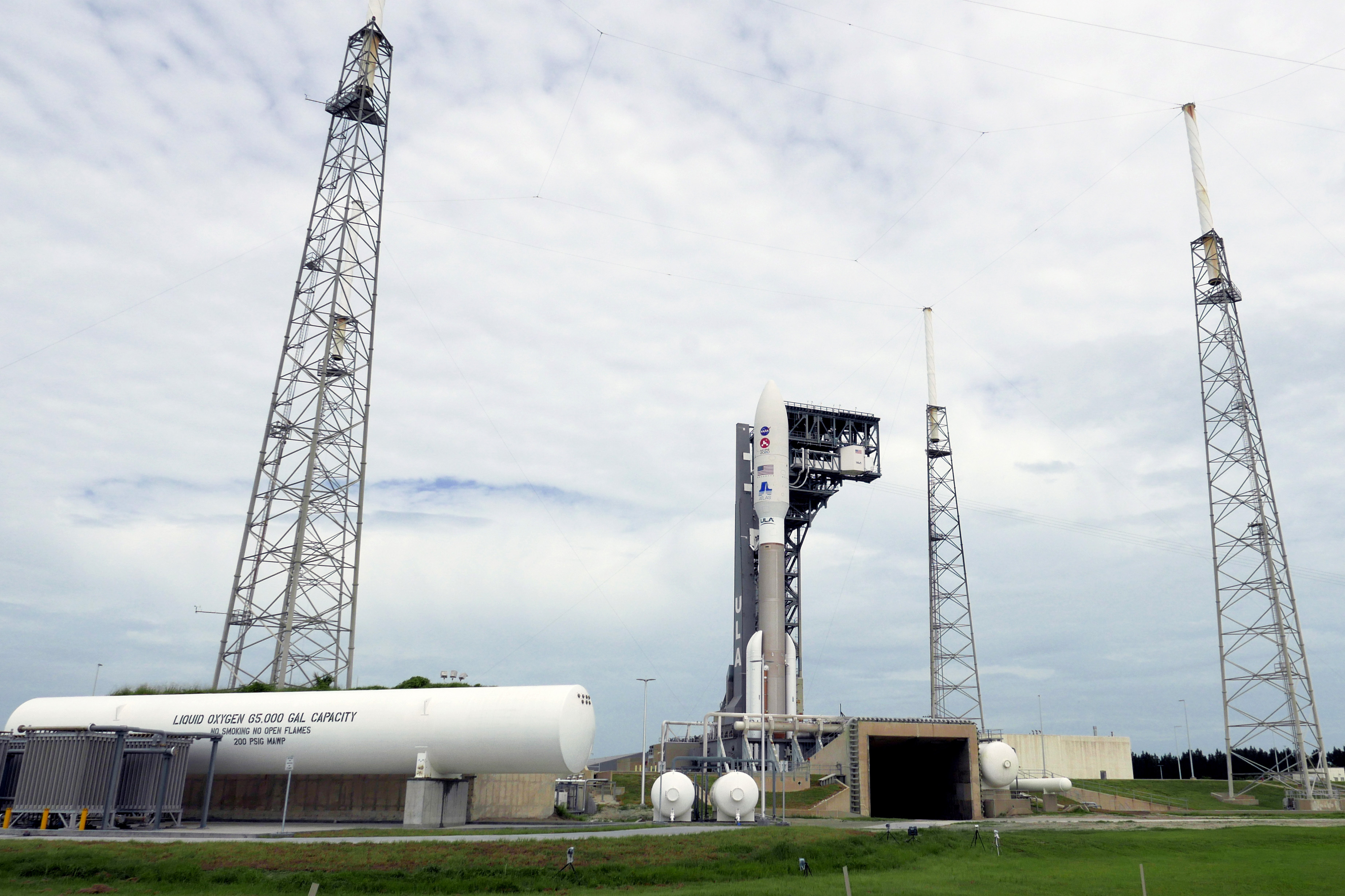 A United Launch Alliance Atlas V rocket stands ready for launch on pad 41 at the Cape Canaveral Air Force Station, on Wednesday.