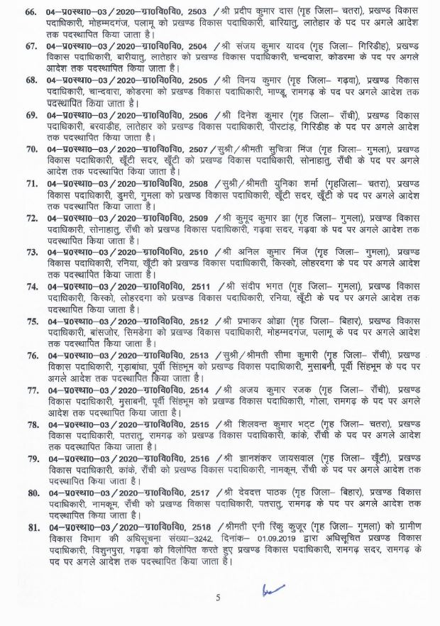 90 Block Development Officers of Jharkhand transferred