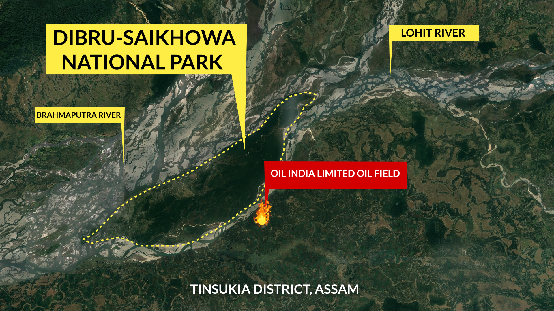 Baghjan is located near Dibru-Saikhowa National Park. River Brahmaputra flows to its north and river Lohit flows to its East. The blast is expected to have caused severe impact on local biodiversity.