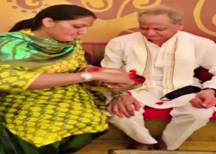 Women MLAs tie rakhi to CM Ashok Gehlot at Hotel Suryagarh