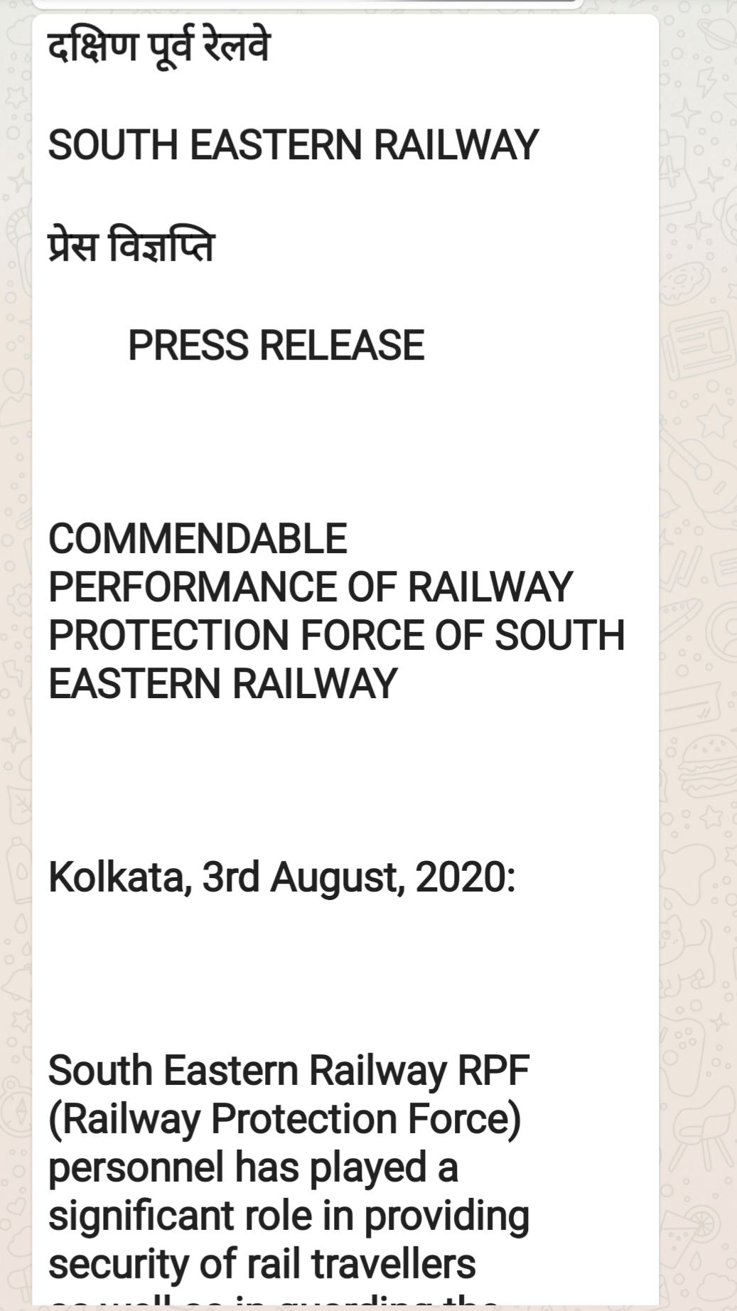 RPF of South Eastern Railway issued a press release