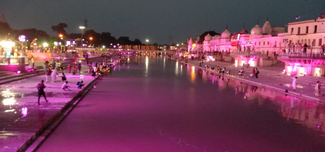 Ayodhya: People light earthen lamps on the banks of Saryu river as part of 'deepotsav'.