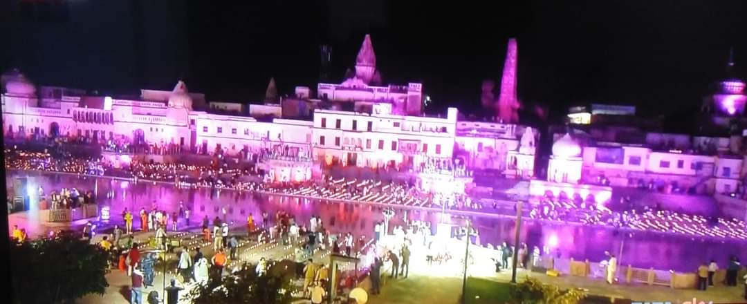 Ayodhya: People light earthen lamps on the banks of Saryu river as part of 'deepotsav'.