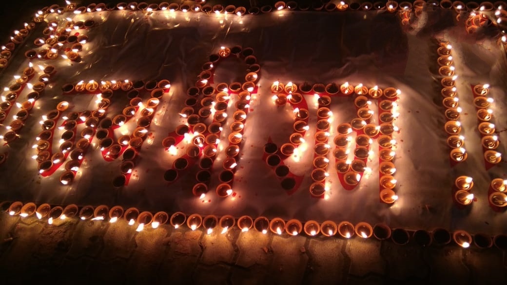 Ayodhya: People light earthen lamps on the banks of Saryu river as part of 'deepotsav'.