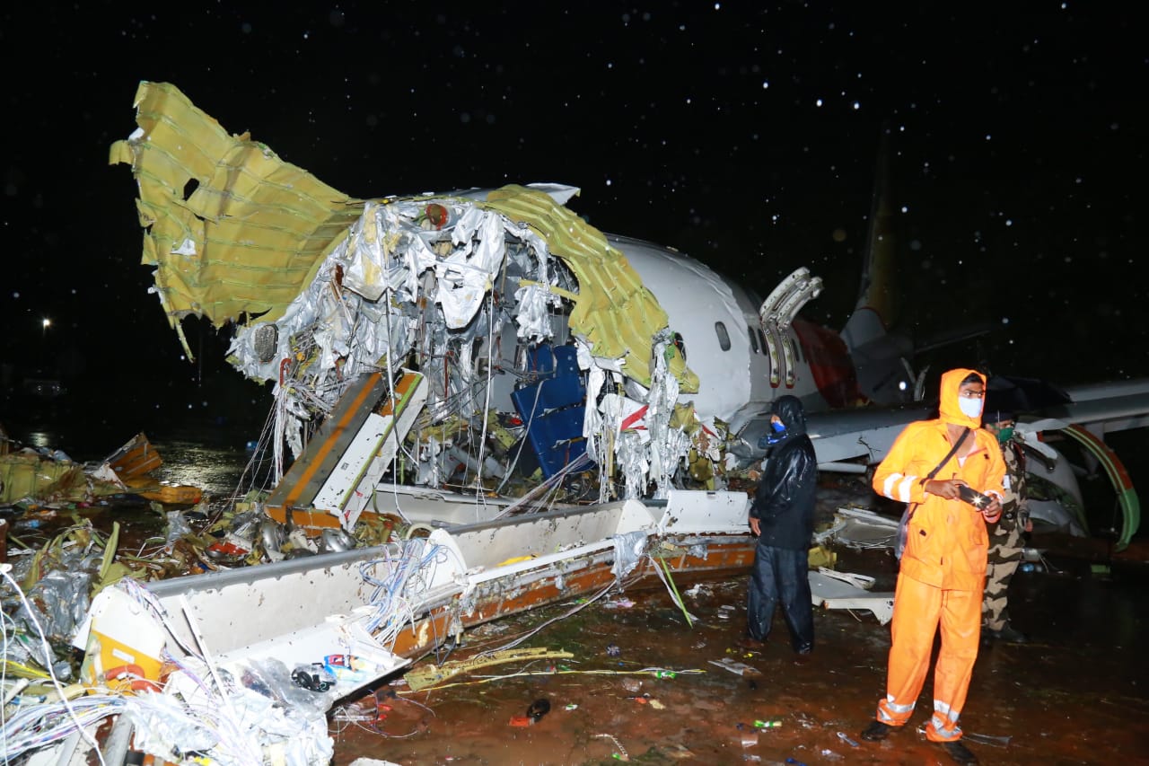 Air India Express flight which was crashed after skidding off the runway at  Kozhikode airport in Kerala