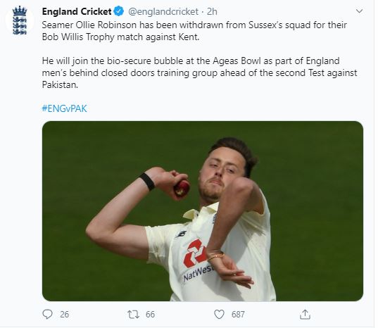 Ollie Robinson to join England's squad for second Test against Pak