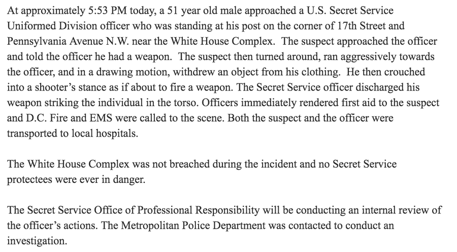 US Secret Service's statement after shooting outside White House