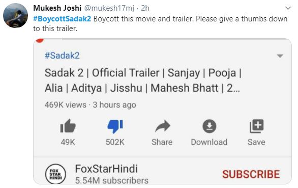 boycott sadak 2 trends on twitter