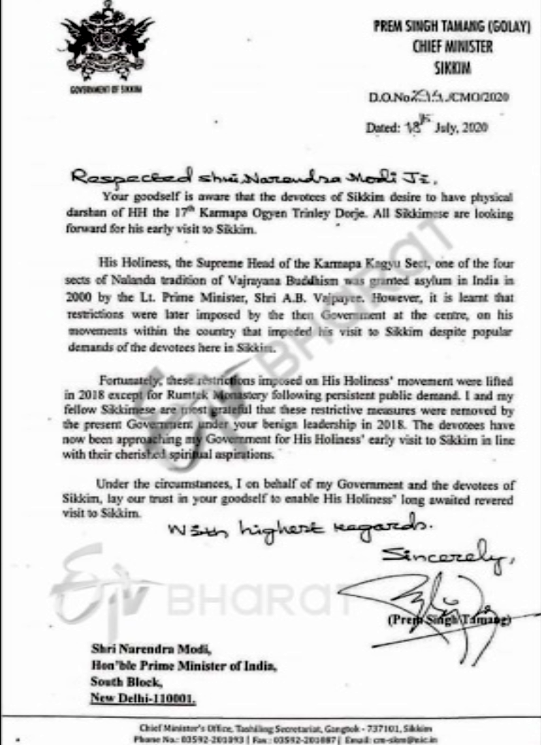 Sikkim CM Prem Singh Tamang's letter to PM Modi