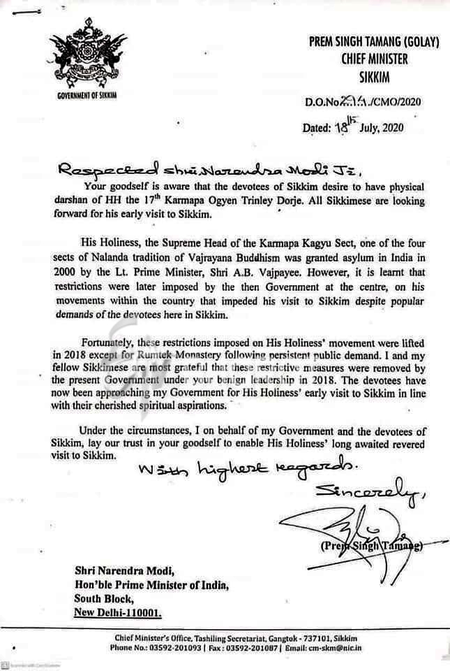 Sikkim CM letters to PM