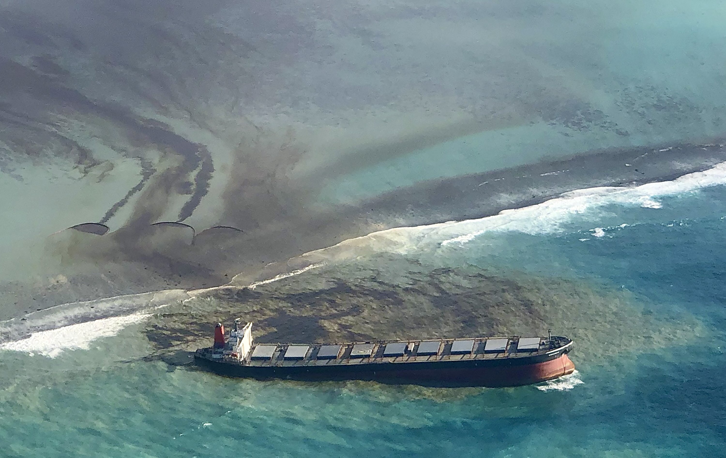 Oil leaking from the MV Wakashio, a bulk carrier ship that recently ran aground off the southeast coast of Mauritius, on Monday.