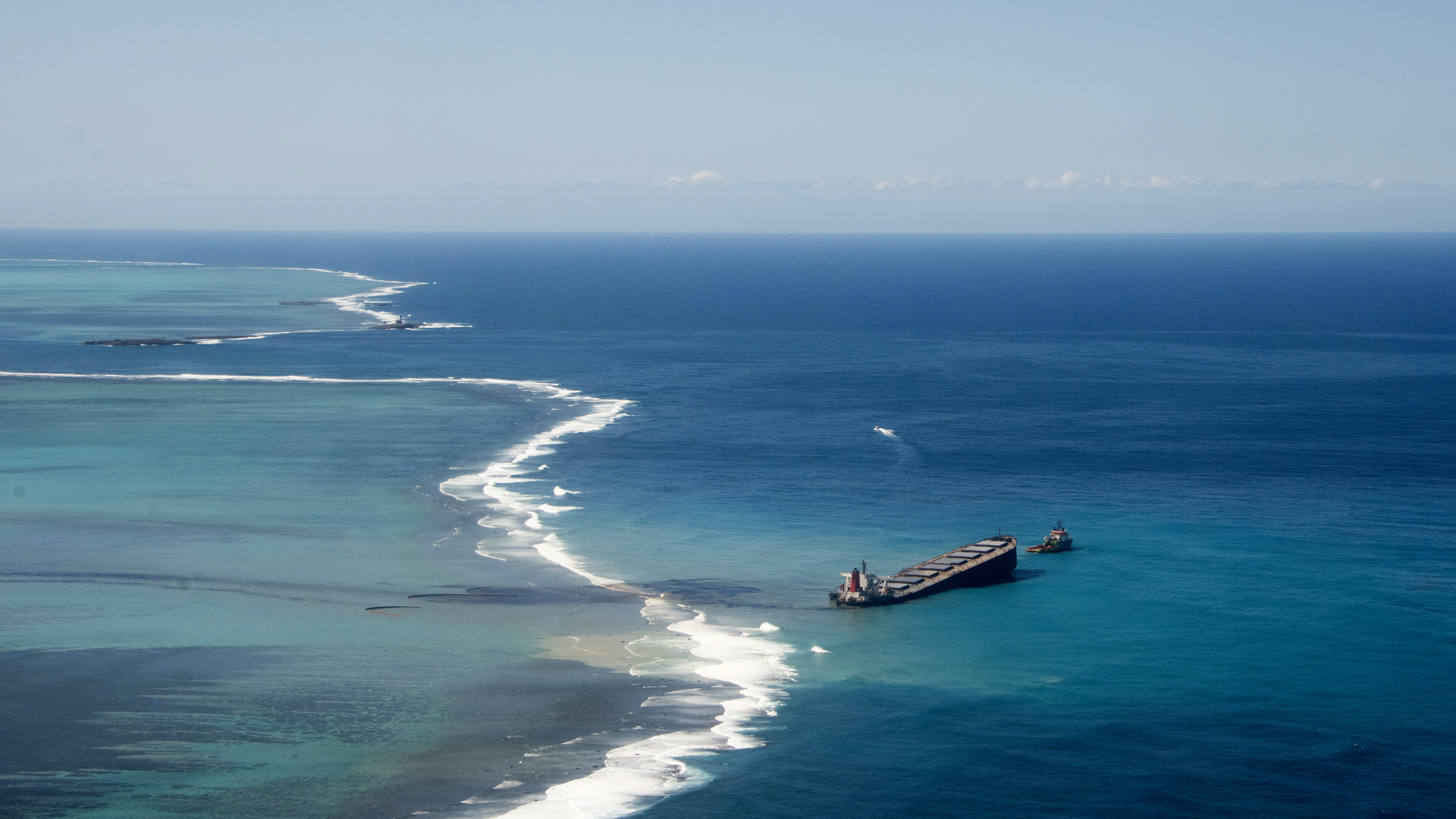 Oil leaking from the MV Wakashio, a bulk carrier ship that recently ran aground off the southeast coast of Mauritius, on Monday.