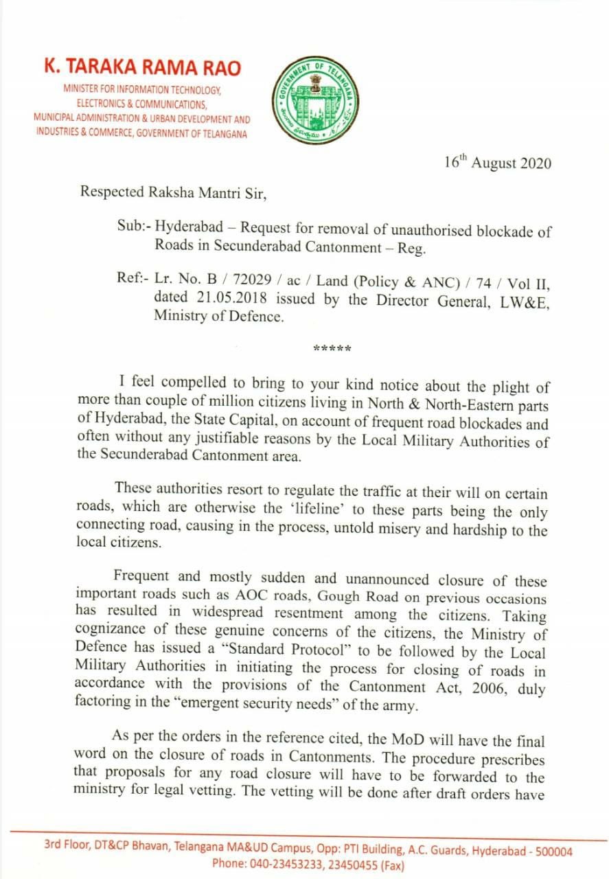 Minister KTR's letter to Union Minister Rajnath Singh