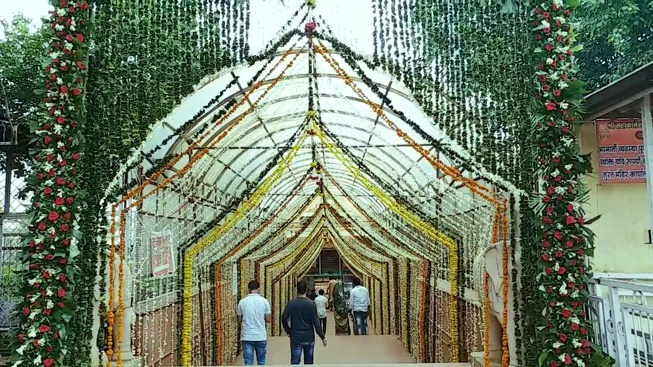 The temple is decorated with flowers