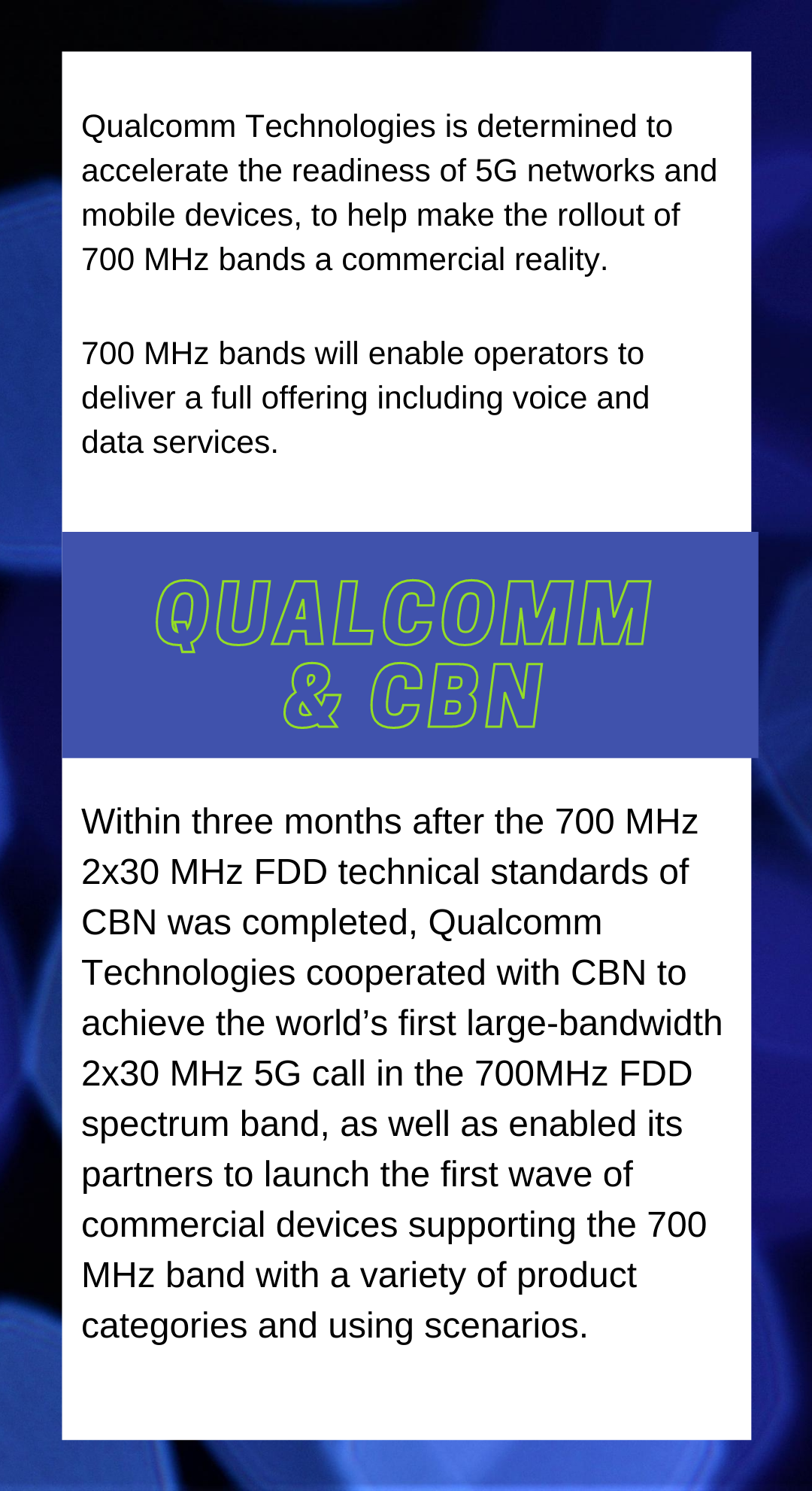 world’s first large-bandwidth 2x30MHz 5G data call ,700MHz (Band n28) FDD spectrum band