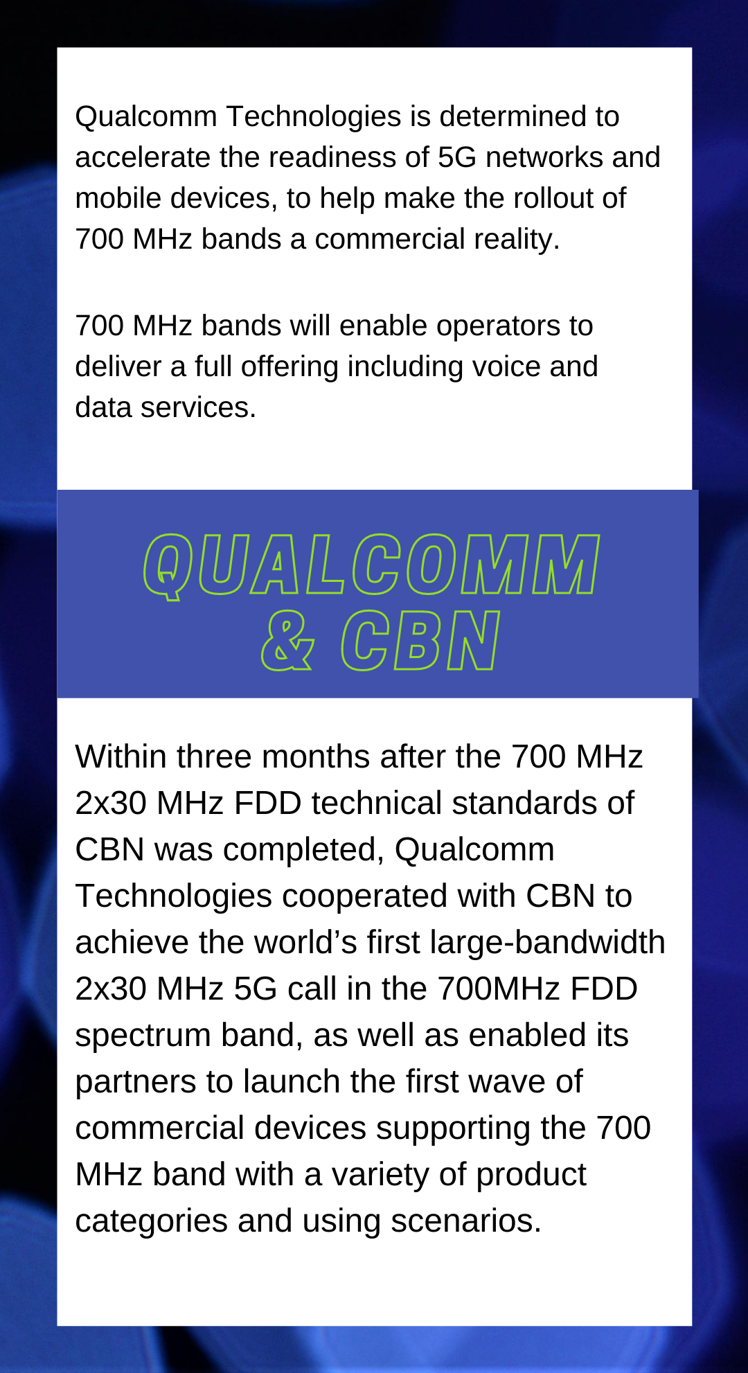 ବିଶ୍ବର ପ୍ରଥମ 700 MHz ବ୍ୟାଣ୍ଡ 5G ଡାଟା କଲ ଉପଲବ୍ଧ କରିବ କ୍ୱାଲକମ ଏବଂ ସିବିଏନ