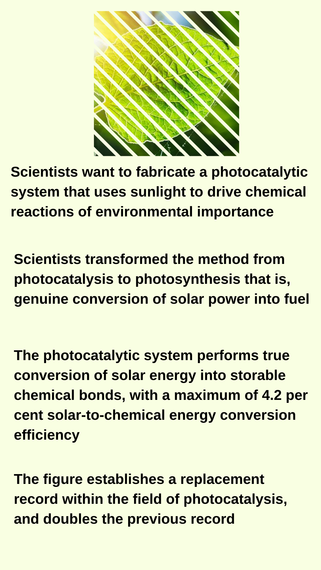 Converting solar energy to hydrogen fuel, photosynthesis