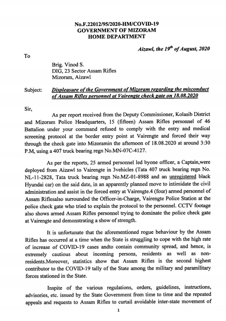 Letter written by Mizoram's Under-Secretary Zahmingthanga to Brig. Vinod S