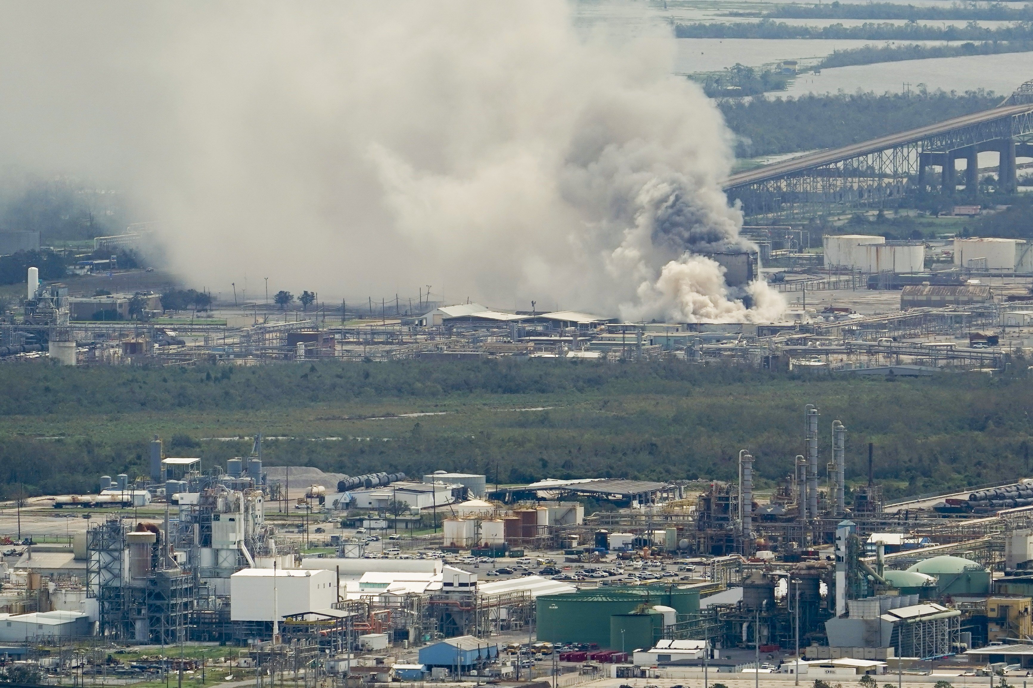 A chemical fire burns at a facility during the aftermath of Hurricane Laura on Thursday near Lake Charles.