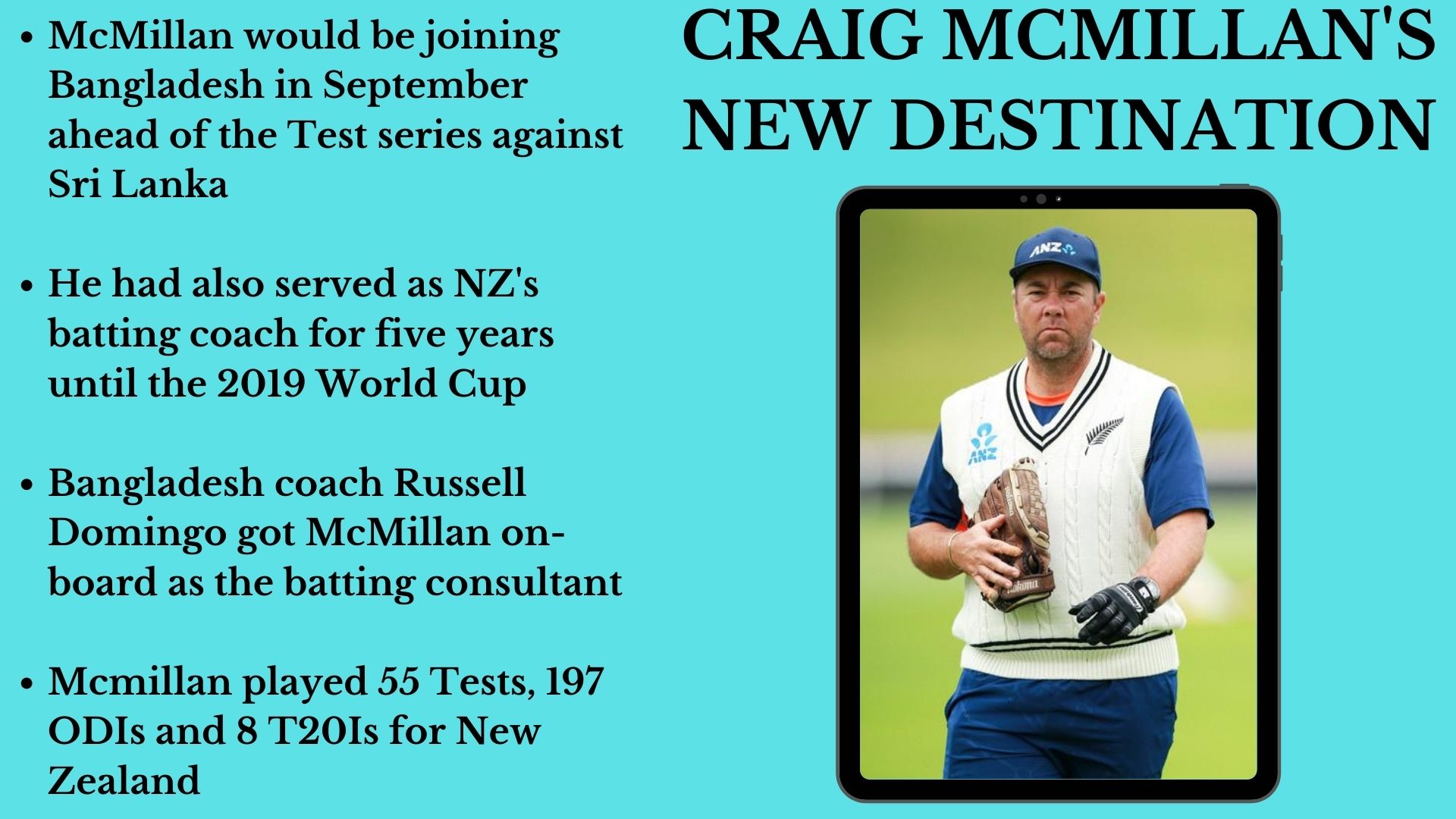 Craig McMillan will join Bangladesh team in September.