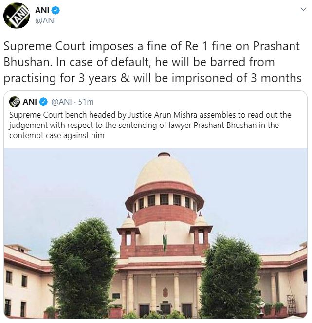 SC imposes Re 1 fine on Prashant Bhushan for committing contempt